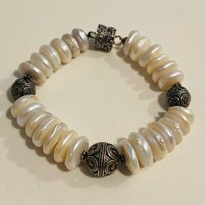 MERAN Sterling Silver Mother Of Pearl  Magnetic Beaded Bracelet. Beautiful